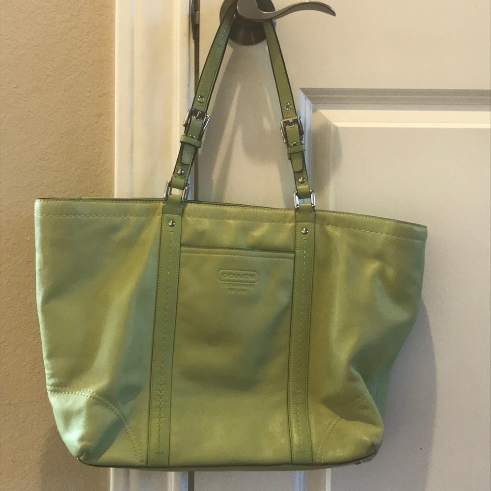 Lime sherbet Coach leather tote